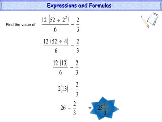 Find the value of  Expressions and Formulas  
