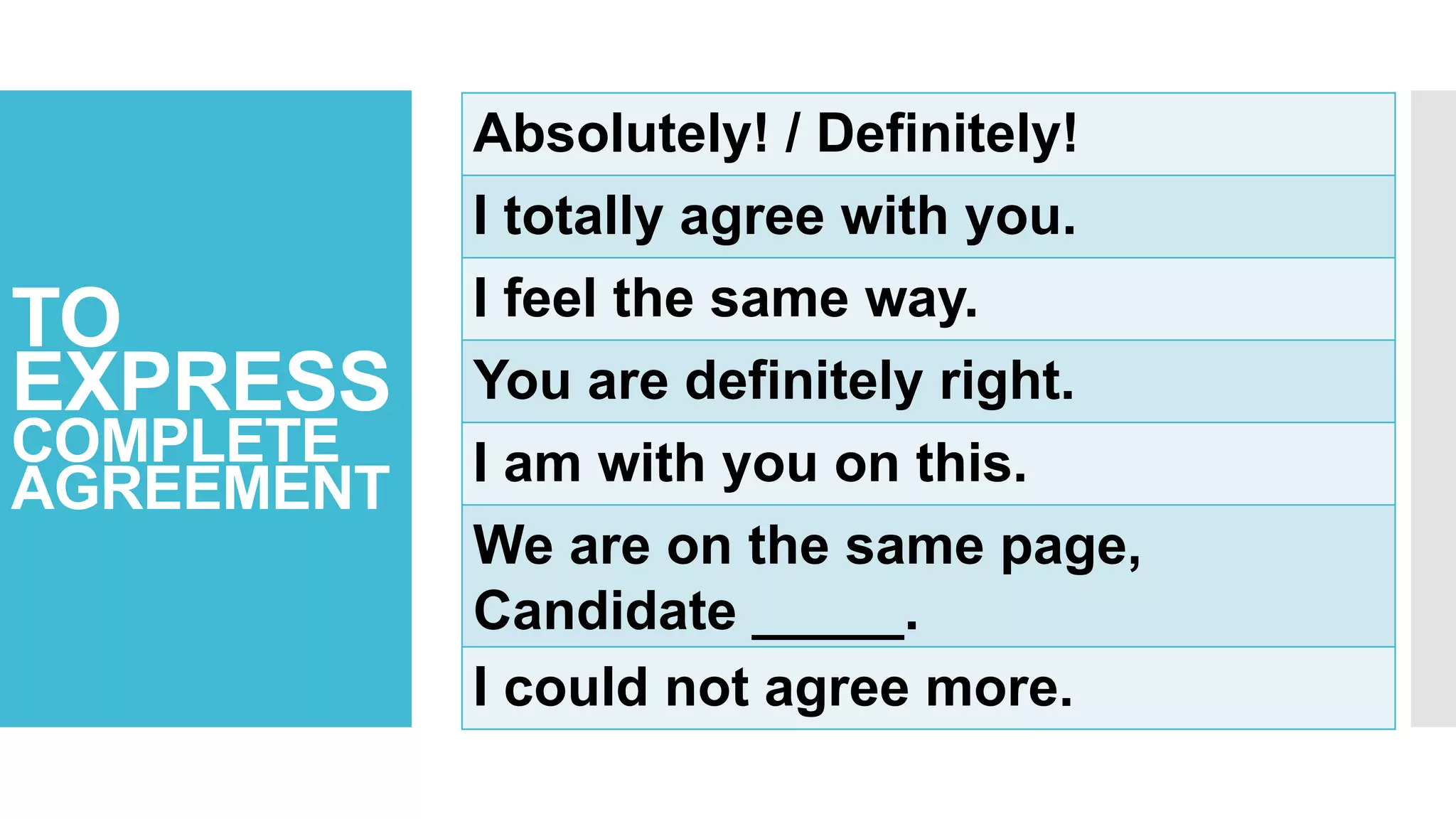 TO
EXPRESS
COMPLETE
AGREEMENT
Absolutely! / Definitely!
I totally agree with you.
I feel the same way.
You are definitely right.
I am with you on this.
We are on the same page,
Candidate _____.
I could not agree more.
 