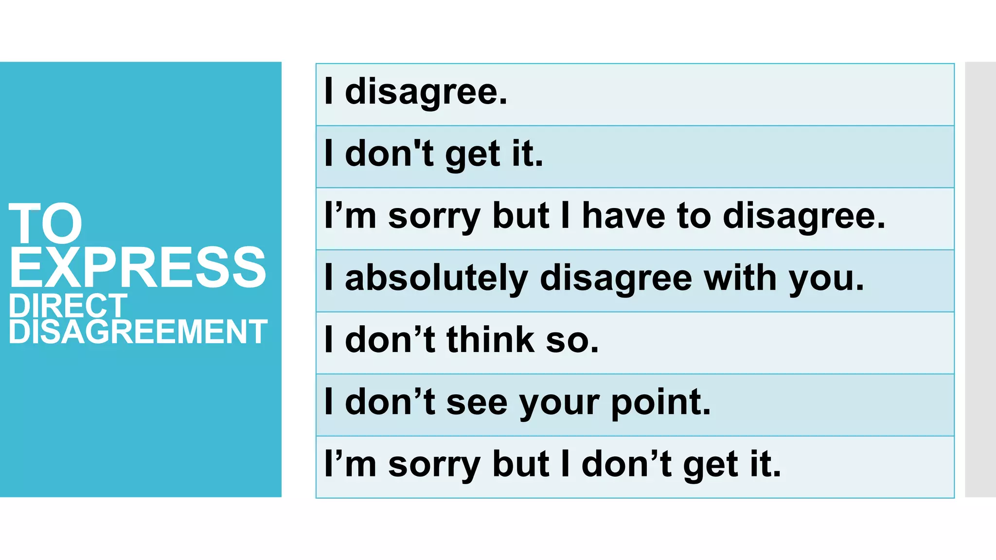 TO
EXPRESS
DIRECT
DISAGREEMENT
I disagree.
I don't get it.
I’m sorry but I have to disagree.
I absolutely disagree with you.
I don’t think so.
I don’t see your point.
I’m sorry but I don’t get it.
 