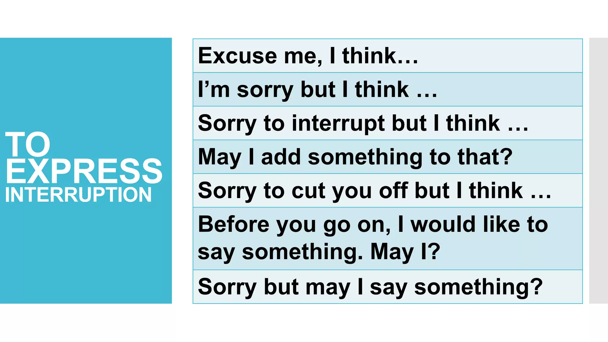 TO
EXPRESS
INTERRUPTION
Excuse me, I think…
I’m sorry but I think …
Sorry to interrupt but I think …
May I add something to that?
Sorry to cut you off but I think …
Before you go on, I would like to
say something. May I?
Sorry but may I say something?
 