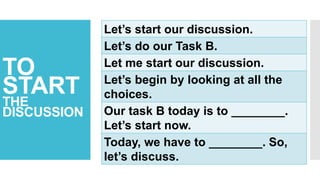 TO
START
THE
DISCUSSION
Let’s start our discussion.
Let’s do our Task B.
Let me start our discussion.
Let’s begin by looking at all the
choices.
Our task B today is to ________.
Let’s start now.
Today, we have to ________. So,
let’s discuss.
 