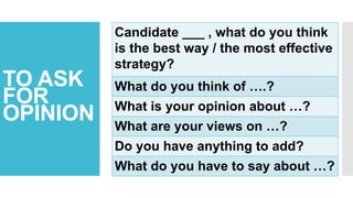 TO ASK
FOR
OPINION
Candidate ___ , what do you think
is the best way / the most effective
strategy?
What do you think of ….?
What is your opinion about …?
What are your views on …?
Do you have anything to add?
What do you have to say about …?
 