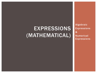 EXPRESSIONS
(MATHEMATICAL)

Algebraic
Expressions
&
Numerical
Expressions

 