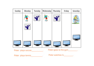 Peter plays soccer__________.
Peter plays tennis__________.
Peter goes to the gym________.
Peter watches tv________.
