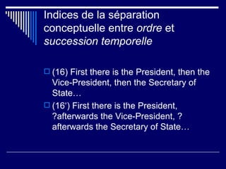 Indices de la séparation conceptuelle entre  ordre  et  succession temporelle (16) First there is the President, then the Vice-President, then the Secretary of State… (16‘) First there is the President,  ?afterwards the Vice-President, ?afterwards the Secretary of State… 