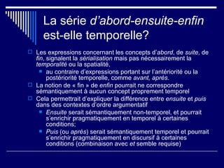 La série  d’abord-ensuite-enfin  est-elle temporelle? Les expressions concernant les concepts d’ abord , de  suite , de  fin , signalent la  sérialisation  mais pas nécessairement la  temporalité  ou la spatialité, au contraire d’expressions portant sur l’antériorité ou la postériorité temporelle, comme  avant, après. La notion de « fin » de  enfin  pourrait ne correspondre sémantiquement à aucun concept proprement temporel Cela permettrait d’expliquer la différence entre  ensuite  et  puis  dans des contextes d’ordre argumentatif Ensuite  serait sémantiquement non-temporel, et pourrait s’enrichir pragmatiquement en temporel à certaines conditions; Puis  (ou  après ) serait sémantiquement temporel et pourrait s’enrichir pragmatiquement en discursif à certaines conditions (combinaison avec  et  semble requise) 