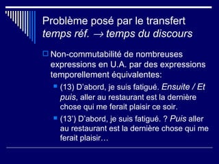 Problème posé par le transfert  temps réf.    temps du discours Non-commutabilité de nombreuses expressions en U.A. par des expressions temporellement équivalentes: (13) D’abord, je suis fatigué.  Ensuite / Et puis , aller au restaurant est la dernière chose qui me ferait plaisir ce soir. (13’) D’abord, je suis fatigué. ?  Puis  aller au restaurant est la dernière chose qui me ferait plaisir… 