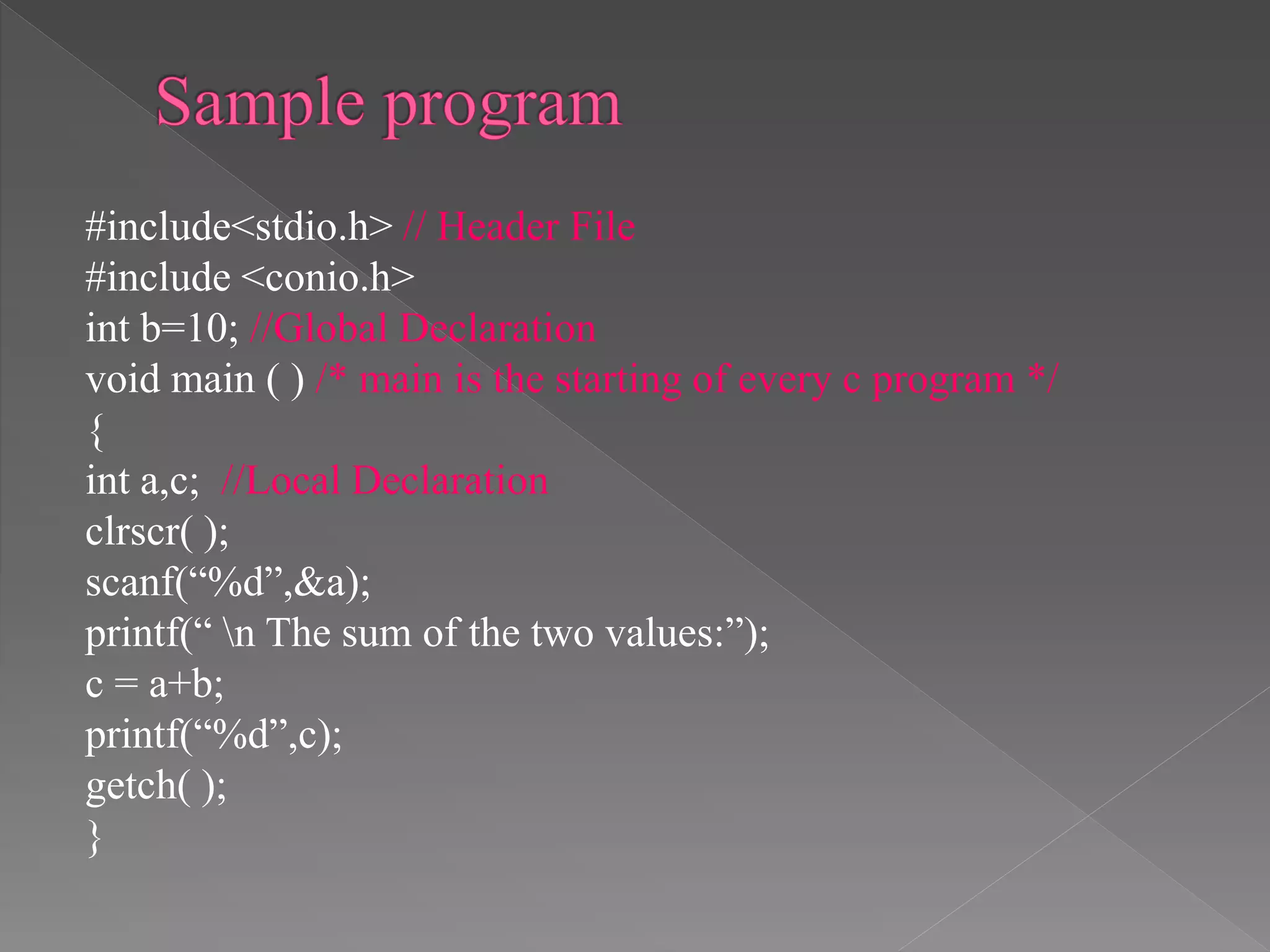 #include<stdio.h> // Header File
#include <conio.h>
int b=10; //Global Declaration
void main ( ) /* main is the starting of every c program */
{
int a,c; //Local Declaration
clrscr( );
scanf(“%d”,&a);
printf(“ n The sum of the two values:”);
c = a+b;
printf(“%d”,c);
getch( );
}
 