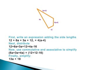 First, write an expression adding the side lengths
12 + 6a + 3a + 12, + 4(a-4)
Next, distribute
12+6a+3a+12+4a-16
Now, use commutative and associative to simplify
(6a+3a+4a) + (12+12-16)
Finally, simplify:
13a + 18
 