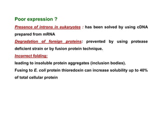 Poor expression ?
Presence of introns in eukaryotes : has been solved by using cDNA
prepared from mRNA
Degradation of foreign proteins: prevented by using protease
deficient strain or by fusion protein technique.
Incorrect folding:
leading to insoluble protein aggregates (inclusion bodies).
Fusing to E. coli protein thioredoxin can increase solubility up to 40%
of total cellular protein
 