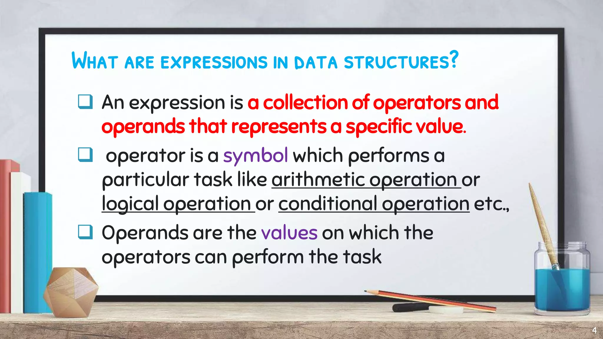 What are expressions in data structures?
 An expression is a collection of operators and
operands that represents a specific value.
 operator is a symbol which performs a
particular task like arithmetic operation or
logical operation or conditional operation etc.,
 Operands are the values on which the
operators can perform the task
4
 