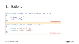 Speaker: Alexey Golub @Tyrrrz
Limitations
Expression<Func<int, int, int=> divExpr = (a, b) =>
{
var result = a / b;
return result;
};
Compilation error
Expression<Action> writeToConsole = () =>
{
Console.Write("Hello ");
Console.WriteLine("world!");
};
Compilation error
 