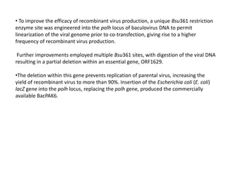 • To improve the efficacy of recombinant virus production, a unique Bsu361 restriction
enzyme site was engineered into the polh locus of baculovirus DNA to permit
linearization of the viral genome prior to co-transfection, giving rise to a higher
frequency of recombinant virus production.
Further improvements employed multiple Bsu361 sites, with digestion of the viral DNA
resulting in a partial deletion within an essential gene, ORF1629.
•The deletion within this gene prevents replication of parental virus, increasing the
yield of recombinant virus to more than 90%. Insertion of the Escherichia coli (E. coli)
lacZ gene into the polh locus, replacing the polh gene, produced the commercially
available BacPAK6.
 