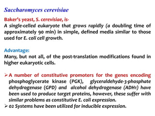 Baker’s yeast, S. cerevisiae, is-
A single-celled eukaryote that grows rapidly (a doubling time of
approximately 90 min) in simple, defined media similar to those
used for E. coli cell growth.
Advantage:
Many, but not all, of the post-translation modifications found in
higher eukaryotic cells.
A number of constitutive promoters for the genes encoding
phosphoglycerate kinase (PGK), glyceraldehyde-3-phosphate
dehydrogenase (GPD) and alcohol dehydrogenase (ADH1) have
been used to produce target proteins, however, these suffer with
similar problems as constitutive E. coli expression.
02 Systems have been utilized for inducible expression.
Saccharomyces cerevisiae
 