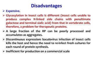 Disadvantages
 Expensive.
 Glycosylation in insect cells is different (insect cells unable to
produce complex N-linked side chains with penultimate
galactose and terminal sialic acid) from that in vertebrate cells,
therefore, a problem for therapeutic proteins.
 A large fraction of the RP can be poorly processed and
accumulates as aggregates.
 Discontinuous expression: baculovirus infection of insect cells
kills the host and hence the need to re-infect fresh cultures for
each round of protein synthesis.
 Inefficient for production on a commercial scale
 