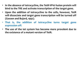 • In the absence of tetracycline, the TetR-VP16 fusion protein will
bind to the TRE and activate transcription of the target gene.
• Upon the addition of tetracycline to the cells, however, TetR
will dissociate and target gene transcription will be turned off
(Gossen and Bujard, 1992).
• That is, the addition of tetracycline turns target gene
expression off.
• The use of the tet system has become more prevalent due to
the existence of a mutant version of TetR.
 