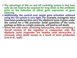 The advantage of this on and off switching system is that host
cells do not need to be exposed for long times to the antibiotic
prior to the induction of either gene expression or gene
silencing.
Additionally, the control over target gene activation achieved
using the Tet system is very tight. For example, transgenic mice
have been produced that carry the diptheria toxin A gene under
the control for a TRE promoter. Small quantities of the toxin,
perhaps as little as a single molecule, will lead to cell death.
When fed with water containing tetracycline, mice containing a
Tet-off version of the regulator in conjunction with the
diptheria toxin responder are healthy until tetracycline is
removed, when death ensues as a result of toxin production
(Lee et al., 1998).
 