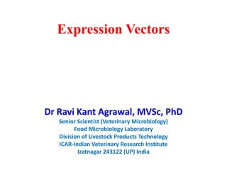 Expression Vectors
Dr Ravi Kant Agrawal, MVSc, PhD
Senior Scientist (Veterinary Microbiology)
Food Microbiology Laboratory
Division of Livestock Products Technology
ICAR-Indian Veterinary Research Institute
Izatnagar 243122 (UP) India
 