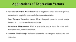Applications of Expression Vectors
• Recombinant Protein Production: Used in the pharmaceutical industry to produce
human insulin, growth hormones, and other therapeutic proteins.
• Gene Therapy: Expression vectors deliver therapeutic genes to correct genetic
disorders (e.g., viral vectors for gene delivery).
• Agricultural Biotechnology: Used to genetically modify plants for better yield,
disease resistance, and nutrient content.
• Industrial Biotechnology: Production of enzymes for detergents, biofuels, and food
processing.
 