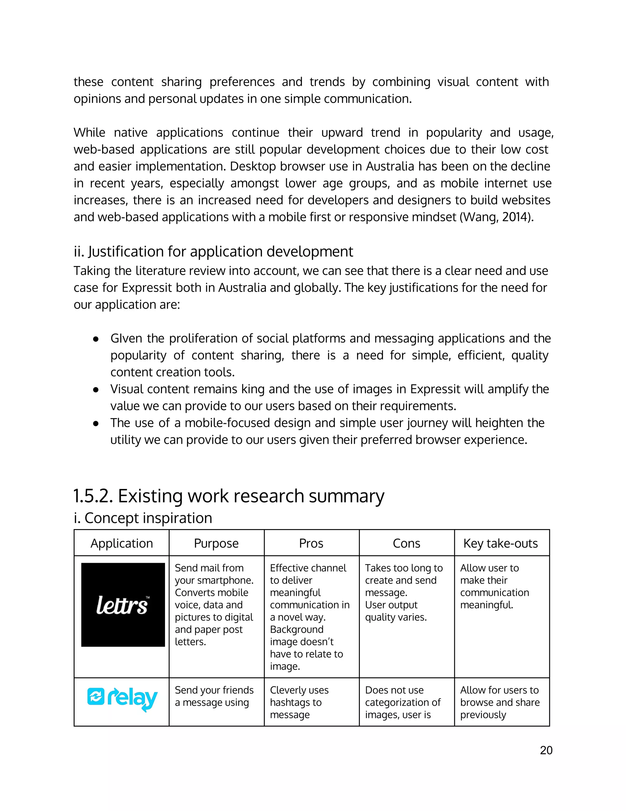 these content sharing preferences and trends by combining visual content with
opinions and personal updates in one simple communication.
While native applications continue their upward trend in popularity and usage,
web-based applications are still popular development choices due to their low cost
and easier implementation. Desktop browser use in Australia has been on the decline
in recent years, especially amongst lower age groups, and as mobile internet use
increases, there is an increased need for developers and designers to build websites
and web-based applications with a mobile first or responsive mindset (Wang, 2014).
ii. Justification for application development
Taking the literature review into account, we can see that there is a clear need and use
case for Expressit both in Australia and globally. The key justifications for the need for
our application are:
● GIven the proliferation of social platforms and messaging applications and the
popularity of content sharing, there is a need for simple, efficient, quality
content creation tools.
● Visual content remains king and the use of images in Expressit will amplify the
value we can provide to our users based on their requirements.
● The use of a mobile-focused design and simple user journey will heighten the
utility we can provide to our users given their preferred browser experience.
1.5.2. Existing work research summary
i. Concept inspiration
Application Purpose Pros Cons Key take-outs
Send mail from
your smartphone.
Converts mobile
voice, data and
pictures to digital
and paper post
letters.
Effective channel
to deliver
meaningful
communication in
a novel way.
Background
image doesn’t
have to relate to
image.
Takes too long to
create and send
message.
User output
quality varies.
Allow user to
make their
communication
meaningful.
Send your friends
a message using
Cleverly uses
hashtags to
message
Does not use
categorization of
images, user is
Allow for users to
browse and share
previously
20 
 