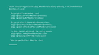 return function (Application $app, MiddlewareFactory $factory, ContainerInterface
$container) : void {
$app->pipe(ErrorHandler::class);
$app->pipe(ServerUrlMiddleware::class);
$app->pipe(RouteMiddleware::class);
$app->pipe(ImplicitHeadMiddleware::class);
$app->pipe(ImplicitOptionsMiddleware::class);
$app->pipe(MethodNotAllowedMiddleware::class);
// Seed the UrlHelper with the routing results:
$app->pipe(UrlHelperMiddleware::class);
$app->pipe(DispatchMiddleware::class);
$app->pipe(NotFoundHandler::class);
}
 