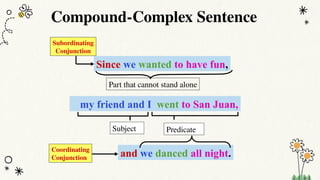 Since we wanted to have fun,
my friend and I went to San Juan,
and we danced all night.
Subject Predicate
Subordinating
Conjunction
Coordinating
Conjunction
Part that cannot stand alone
Compound-Complex Sentence
 