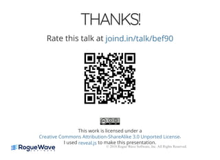 5/14/2018 Speed up web APIs with Expressive and Swoole - phpDay 2018
https://www.zimuel.it/slides/phpday2018/expressive_swoole?print-pdf#/ 20/20
© 2018 Rogue Wave Software, Inc. All Rights Reserved.
THANKS!THANKS!
Rate this talk at
This work is licensed under a
.
I used to make this presentation.
joind.in/talk/bef90
Creative Commons Attribution-ShareAlike 3.0 Unported License
reveal.js
 