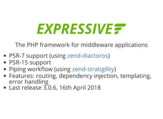 5/14/2018 Speed up web APIs with Expressive and Swoole - phpDay 2018
https://www.zimuel.it/slides/phpday2018/expressive_swoole?print-pdf#/ 4/20
© 2018 Rogue Wave Software, Inc. All Rights Reserved.
The PHP framework for middleware applications
PSR-7 support (using )
PSR-15 support
Piping work ow (using )
Features: routing, dependency injection, templating,
error handling
Last release 3.0.6, 16th April 2018
zend-diactoros
zend-stratigility
 