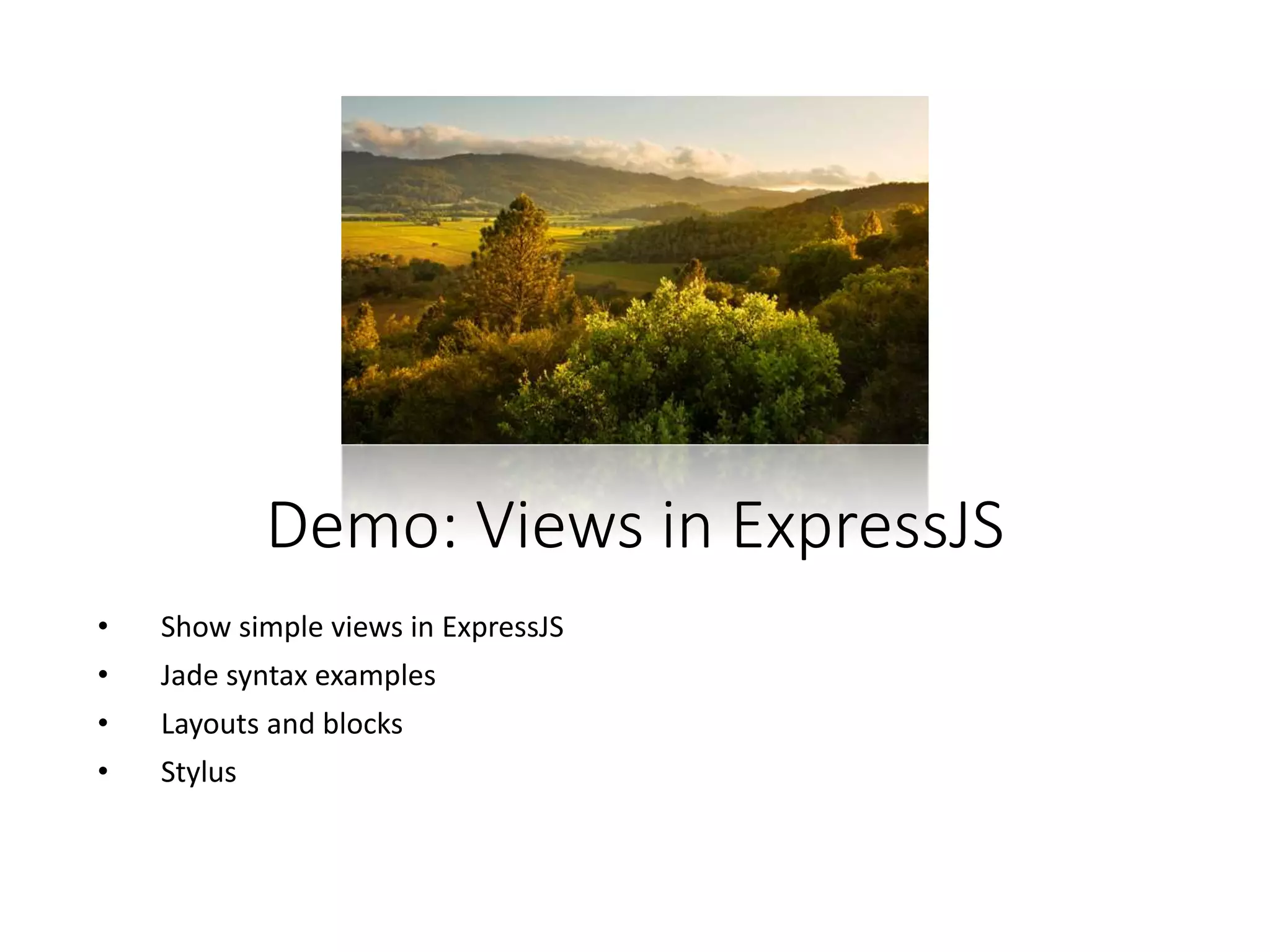 Demo: Views in ExpressJS
• Show simple views in ExpressJS
• Jade syntax examples
• Layouts and blocks
• Stylus
 