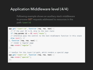 Following example shows an auxiliary stack middleware
to process GET requests addressed to resources in the
path /user/:id
Application Middleware level (4/4)
 