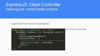 - Load data from source (database)
- Modify request by assigning loaded data to access it from controller
ExpressJS: Clean Controller
cleaning out - entity loader schema
 