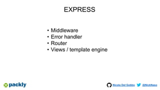 Nicola Del Gobbo @NickNaso
EXPRESS
• Middleware
• Error handler
• Router
• Views / template engine
 