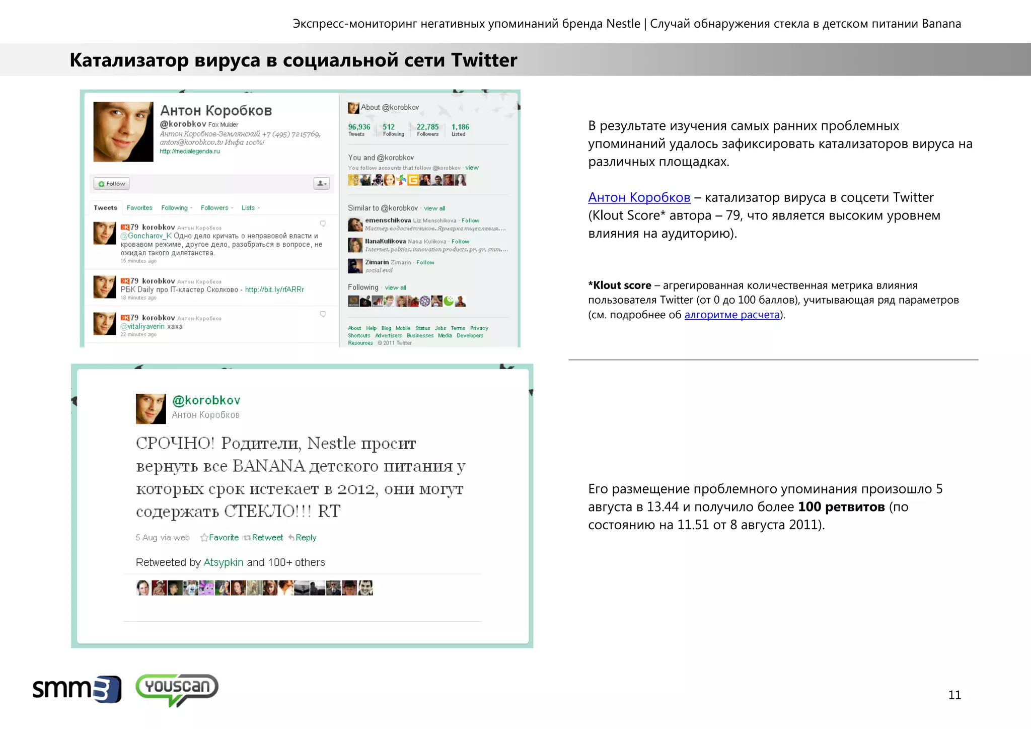 Экспресс-мониторинг негативных упоминаний бренда Nestle | Случай обнаружения стекла в детском питании Banana
11
Катализатор вируса в социальной сети Twitter
В результате изучения самых ранних проблемных
упоминаний удалось зафиксировать катализаторов вируса на
различных площадках.
Антон Коробков – катализатор вируса в соцсети Twitter
(Klout Score* автора – 79, что является высоким уровнем
влияния на аудиторию).
*Klout score – агрегированная количественная метрика влияния
пользователя Twitter (от 0 до 100 баллов), учитывающая ряд параметров
(см. подробнее об алгоритме расчета).
Его размещение проблемного упоминания произошло 5
августа в 13.44 и получило более 100 ретвитов (по
состоянию на 11.51 от 8 августа 2011).
 