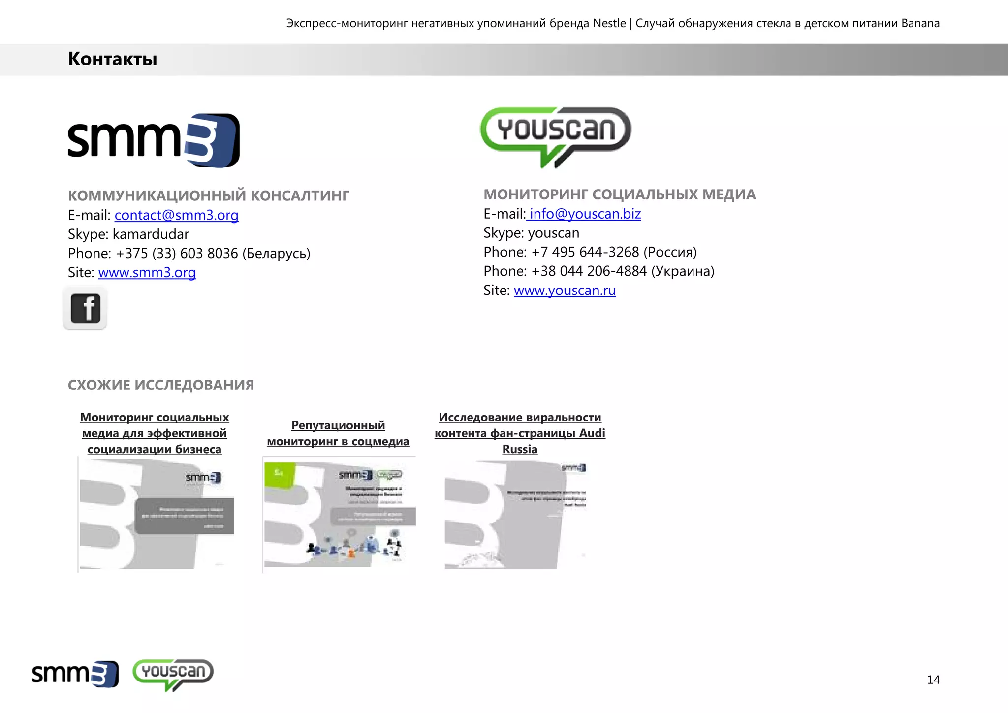 Экспресс-мониторинг негативных упоминаний бренда Nestle | Случай обнаружения стекла в детском питании Banana
14
Контакты
КОММУНИКАЦИОННЫЙ КОНСАЛТИНГ
E-mail: contact@smm3.org
Skype: kamardudar
Phone: +375 (33) 603 8036 (Беларусь)
Site: www.smm3.org
СХОЖИЕ ИССЛЕДОВАНИЯ
Мониторинг социальных
медиа для эффективной
социализации бизнеса
Репутационный
мониторинг в соцмедиа
Исследование виральности
контента фан-страницы Audi
Russia
МОНИТОРИНГ СОЦИАЛЬНЫХ МЕДИА
E-mail: info@youscan.biz
Skype: youscan
Phone: +7 495 644-3268 (Россия)
Phone: +38 044 206-4884 (Украина)
Site: www.youscan.ru
 