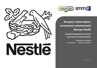 Экспресс-мониторинг
негативных упоминаний
бренда Nestle
Случай обнаружения стекла
в детском питании Banana
Период анализа
1 августа – 7 августа 2011
Август, 2011
 