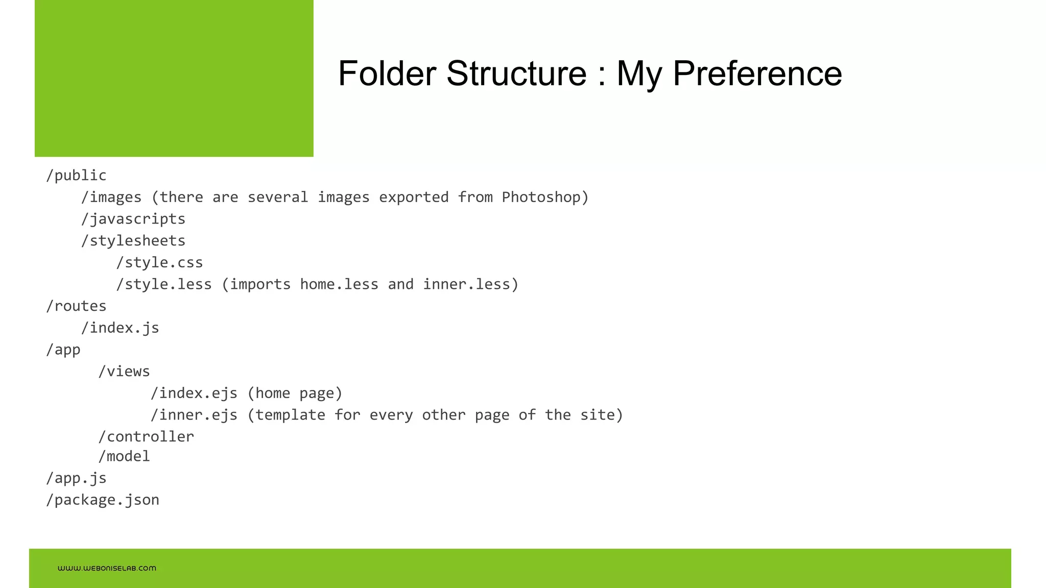 Folder Structure : My Preference
/public
/images (there are several images exported from Photoshop)
/javascripts
/stylesheets
/style.css
/style.less (imports home.less and inner.less)
/routes
/index.js
/app
/views
/index.ejs (home page)
/inner.ejs (template for every other page of the site)
/controller
/model
/app.js
/package.json
 