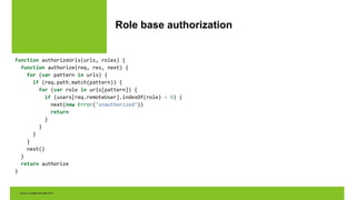 Role base authorization
function authorizeUrls(urls, roles) {
function authorize(req, res, next) {
for (var pattern in urls) {
if (req.path.match(pattern)) {
for (var role in urls[pattern]) {
if (users[req.remoteUser].indexOf(role) < 0) {
next(new Error("unauthorized"))
return
}
}
}
}
next()
}
return authorize
}
 
