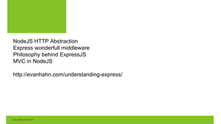 NodeJS HTTP Abstraction
Express wonderfull middleware
Philosophy behind ExpressJS
MVC in NodeJS
http://evanhahn.com/understanding-express/
 