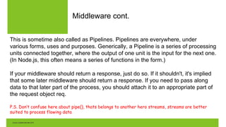 Middleware cont.
This is sometime also called as Pipelines. Pipelines are everywhere, under
various forms, uses and purposes. Generically, a Pipeline is a series of processing
units connected together, where the output of one unit is the input for the next one.
(In Node.js, this often means a series of functions in the form.)
If your middleware should return a response, just do so. If it shouldn't, it's implied
that some later middleware should return a response. If you need to pass along
data to that later part of the process, you should attach it to an appropriate part of
the request object req.
P.S. Don’t confuse here about pipe(), thats belongs to another hero streams, streams are better
suited to process flowing data
 