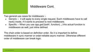 Middleware Cont.
Two general use cases for middleware :-
● Generic :- it will apply to every single request. Each middleware have to call
next() inside, if it wants to proceed to next middleware.
● Specific :- When you use app.get('/path', function(...) this actual function is
middleware as well, just inline defined
The chain order is based on definition order. So it is important to define
middleware in sync manner or order-reliable async manner. Otherwise different
order of middleware can break logic.
 