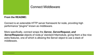 Connect Middleware
From the README:
Connect is an extensible HTTP server framework for node, providing high
performance "plugins" known as middleware.
More specifically, connect wraps the Server, ServerRequest, and
ServerResponse objects of node.js' standard httpmodule, giving them a few nice
extra features, one of which is allowing the Server object to use a stack of
middleware.
 