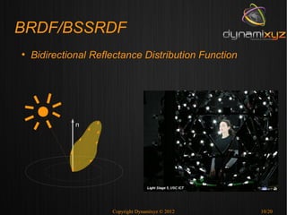 BRDF/BSSRDF
●
    Bidirectional Reflectance Distribution Function




              n




                      Copyright Dynamixyz © 2012      10/20
 