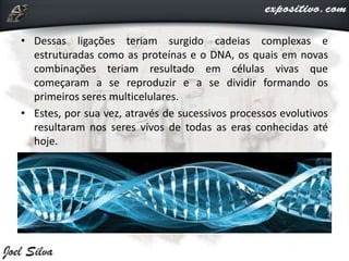 • Dessas ligações teriam surgido cadeias complexas e
estruturadas como as proteínas e o DNA, os quais em novas
combinações teriam resultado em células vivas que
começaram a se reproduzir e a se dividir formando os
primeiros seres multicelulares.
• Estes, por sua vez, através de sucessivos processos evolutivos
resultaram nos seres vivos de todas as eras conhecidas até
hoje.
 