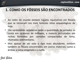 1. COMO OS FÓSSEIS SÃO ENCONTRADOS
• Ao redor do mundo existem lugares riquíssimos em fósseis
que se tornaram nos mais famosos sítios arqueológicos de
hoje.
• São verdadeiros cemitérios onde a quantidade de achados se
conta em centenas de milhares, a maioria incrustados em
rochas formadas por camadas compactadas de lama,
chamadas sedimentares.
• Mas apesar de ser este o tipo mais abundante, existem
também os fósseis encontrados em outros materiais como o
âmbar, a lama congelada e a turfa.
 