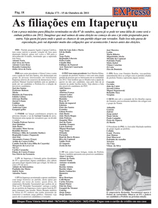 Pág. 18                                Edição 173 - 15 de Outubro de 2011



As filiações em Itaperuçu
Com o prazo máximo para filiações terminadas no dia 07 de outubro, agora já se pode ter uma idéia de como será o
 embate político em 2012. Imaginar que mal saímos de uma eleição no começo do ano e já estão preparados para
  outra. Veja quem foi para onde e quais as chances de um partido eleger um vereador. Tudo isso não passa de
       especulação, pois vai depender muito das coligações que só acontecerão 3 meses antes das eleições.

   PHS - Partido pequeno ligado à Igreja Católica,        João da Loja João e Maria                              José Moreira
tem como mérito a grande votação do Jura para             Gil da Rádio                                           Leitão
deputado federal, quase mil votos e 500 para o            Jessé                                                  Maria Ribeiro
desconhecido Evandro, mostrando que a rapaziada           Nego Paske                                             Miguelzinho Abrão
tem força.                                                Reginaldo Liberato                                     Mirinho do Capinzal
Ademir Faria                                              Pedro Gulin                                            Pedrinho Paula
Joel Alves de Faria                                       Claudio Bini                                           Sônia Joekel
Ademir Costa Rosa                                         Ediliane da Pastoral                                   Vilmar Catarina
Ronaldo Guimarães                                         Acir Material Construção                               Zé Lata
Joilso Alves de Faria.                                    Braz Tica                                              Zico do Damázio
   PRB tem como presidente o Edson Lima e conta              O PDT tem como presidente José Martins Ribas,       O PPS ficou com Osmário Bonfim, vice-prefeito,
com a ajuda do Joel dos Santos, eles destacaram um        é o partido do prefeito Nenéu e vem com uma chapa      naturalmente deve se coligar com os partidos aliados
grupo de pessoas interessadas em transformar              grande de pessoas que se interessam em se candidatar   do prefeito Nenéu e apresenta alguns nomes:
Itaperuçu através do exercício da democracia. O ex-       em 2012. Vale lembrar que os filiados tem a opção de
prefeito Manuel Joeckel também está no partido e          querer ou não sair candidato, mas pelo fato de já      Cascudo
pode até ser candidato a Prefeito.Eis a relação de        estarem no poder facilita muito. Veja abaixo a lista   Gevinho
prováveis candidatos:                                     dos possíveis candidatos do PDT.                       João da Calcit
Joel dos Santos                                           Adel Saruva                                            Jovenil Lisboa
Professor Robson                                          Aguilar                                                Miguel Stepenowski
Micão                                                     Alairton França                                        Reinaldo Tuca
Dionísio da Funerária                                     Amauri Lebre                                           Verginia
Edinho Lisboa                                             Antonio Pedro
Jeferson Bonfim                                           Baninho                                                O DEM está sob o comando de Iris Bonfim esposa
Jureni Urbano                                             Braz do 37                                             de Osmário, provavelmente também vão coligar com
Galdino                                                   Daião do taquaral                                      o grupo do Nenéu.
Urias Luizão                                              Edicleia
Anderson Lima                                             Eloir dos Santos                                       Adinaldo
Ezequiel geffer                                           Eronides                                               Genésio
                                                          Gilson Pereira                                         Jadriel
    O PMDB vai lançar candidatura própria na              João Bento                                             Jorge joekel
próxima eleição e vai de Gerson Ceccon de novo.           João Maria Roque                                       Mané Abrão
Montaram uma equipe de vereadores que vai dividir         João Pedroso                                           Paulo Lampião
a cidade.                                                 Joaquim Mico                                           Preto do Tiguera
Claudia Pedroso Saruva                                    Joel da Ponte                                          Zé Bastio
José Quintino                                             Juninho Truques
João Bento                                                Lúcio Pedroso                                          O Presidente do PSL é o Anivaldo Machado também
Alexandre Moto Serras                                     Miguel Henrique                                        do grupo ligado ao prefeito.
Romildo Stresser                                          Nego Tomé                                              Celinho
Pelotaço ( filho do Luizinho Stathec)                     Orlando                                                Ivanir Pereira
Reginaldo Gomes (Taquaral)                                Parmalat                                               José Matoso
Jose Eloi                                                 Raul do Barro Branco                                   Osni Miseravel
Alessandro Gomes (Troço)                                  Riva do Capinzal                                       Pedrinho do rastolho
Arildo de Castro Geffer                                   Valdir Preto                                           Teixeira
Camila Zem De Lara (filha do Caçarola)                    Zé Augusto                                             Tio Clau
Margarete do Lava Car                                     Zezão do bar                                           Vilson da Silva
Tio Lu
Carlito Carancho
Eliane de Castro França                                   O PP tem como Lucas Artigas, irmão do Prefeito
Seu Otávio da Farmácia                                    Nenéu e também apresenta seus possíveis candidatos:
                                                          Alaor Carneiro
   O PV de Itaperuçu é formado pelos dissidentes          Alcione de Paula
do PT e apresentam alguns candidatos, eles sabem          Amauri Paula
que para eleger alguém terão que coligar. Só falta ser    Antenor Arminda
com o PT de novo.                                         Ataíde
Adimir da Informática                                     Bastião Aleluia
Paulinho das Motos                                        Bastião Alípio
Jadrié Tosto                                              Bastio Guimarães
Adenilso Nunes                                            Batateiro
                                                          Bil
    O PT de Itaperuçu acostumado a apoiar candidatos      Braz Henrique
com longo histórico no partido, desta optou por           Calil Bueno
trabalhar em torno do nome- quem diria- do                Carlos Teixeira
empresário Reinaldo Tucumantel que acabou de se           Daniel Pintor
filiar ao PT. Reinaldo Tucumantel carrega o sonho         Eliel do Zimo
de ser prefeito de Itaperuçu e terá o apoio total do PT   Ezequiel do Nicanor
para conseguir esta missão. Mario Benatto também          Gaúcha
se filiou ao PT embora não tenha pretensão de             Jorge Pança                                            O empresário Reinaldo Tucumantel agora é
concorrer a nenhum cargo público. Ademais veja            Jorge Queixo                                           Petista de carteirinha: filiou-se ao PT e poderá
quem são os possíveis candidatos a vereador.                                                                     ser candidato a Prefeito na próxima eleição.

     Disque Pizza Vitória 9910-4060 / 9674-9924 / 3652-2434 / 3652-5795 - Pague com o cartão de crédito em sua casa
 