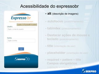 Acessibilidade do expressobr
- alt (descrição de imagens)
- autofocus (posicionamento)
- tabindex (posicionamento)
- Destacar ações de mouse e
teclado (posicionamento)
- title (orientação de uso)
- placeholder (orientação de uso)
- required + pattern + title
Campos obrigatórios
(validação e orientação de uso)
 