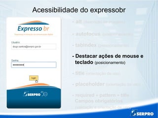 Acessibilidade do expressobr
- alt (descrição de imagens)
- autofocus (posicionamento)
- tabindex (posicionamento)
- Destacar ações de mouse e
teclado (posicionamento)
- title (orientação de uso)
- placeholder (orientação de uso)
- required + pattern + title
Campos obrigatórios
(validação e orientação de uso)
 