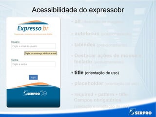 Acessibilidade do expressobr
- alt (descrição de imagens)
- autofocus (posicionamento)
- tabindex (posicionamento)
- Destacar ações de mouse e
teclado (posicionamento)
- title (orientação de uso)
- placeholder (orientação de uso)
- required + pattern + title
Campos obrigatórios
(validação e orientação de uso)
 