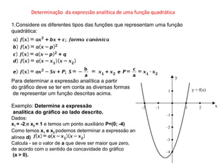Determinação da expressão analítica de uma função quadrática
1.Considere os diferentes tipos das funções que representam uma função
quadrática:
Para determinar a expressão analítica a partir
do gráfico deve se ter em conta as diversas formas
de representar um função descritas acima.
Exemplo: Determine a expressão
analítica do gráfico ao lado descrito.
Dados:
x1 = -2;e x2 = 1 e temos um ponto auxiliário P=(0; -4)
Como temos x1 e x2 podemos determinar a expressão analítica usando a fórmula da
alínea d)
Calcula - se o valor de a que deve ser maior que zero,
de acordo com o sentido da concavidade do gráfico
(a > 0).
 