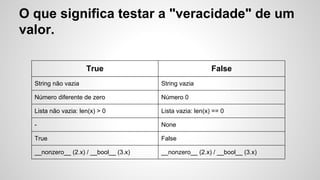 O que significa testar a "veracidade" de um
valor.
True False
String não vazia String vazia
Número diferente de zero Número 0
Lista não vazia: len(x) > 0 Lista vazia: len(x) == 0
- None
True False
__nonzero__ (2.x) / __bool__ (3.x) __nonzero__ (2.x) / __bool__ (3.x)
 